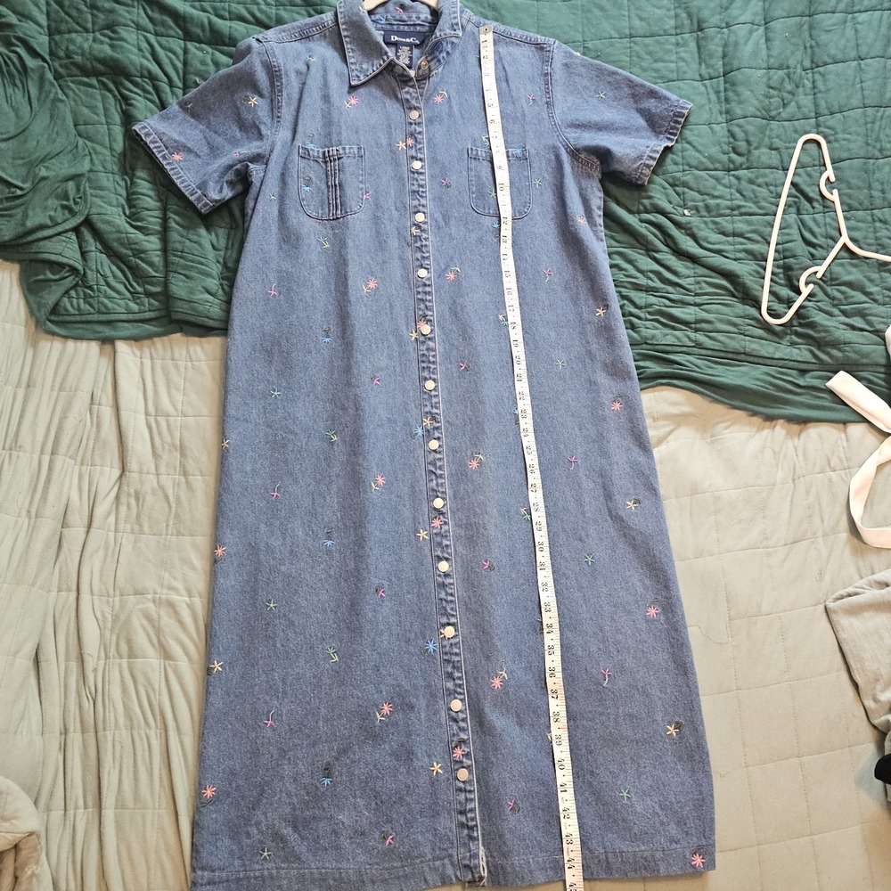 Vintage 90s Turquoise Blue Denim Floral Dress Large 100% Cotton Tshirt Dress - Picture 9 of 10